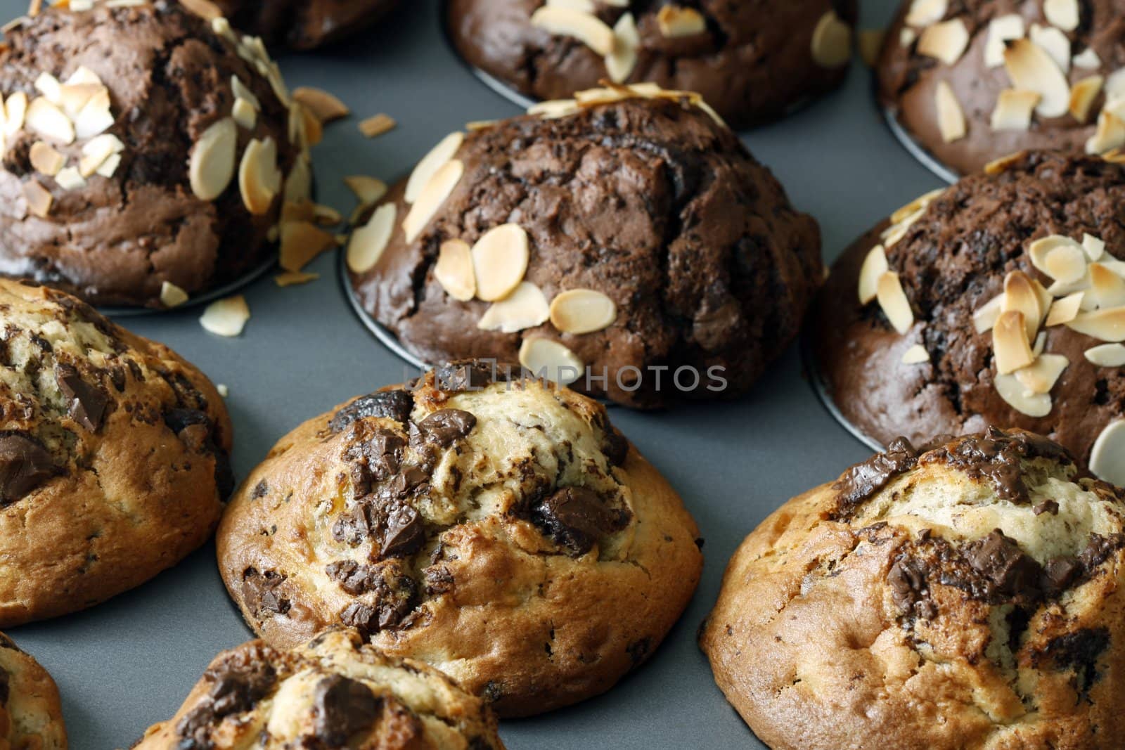 Delicious and freshly made chocolate and chocolate chip muffins