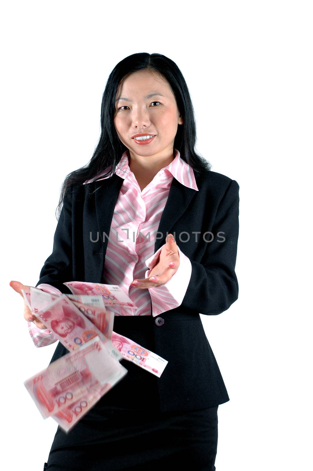 Young Chinese office lady, wearing suit, throwing Chinese money RMB.