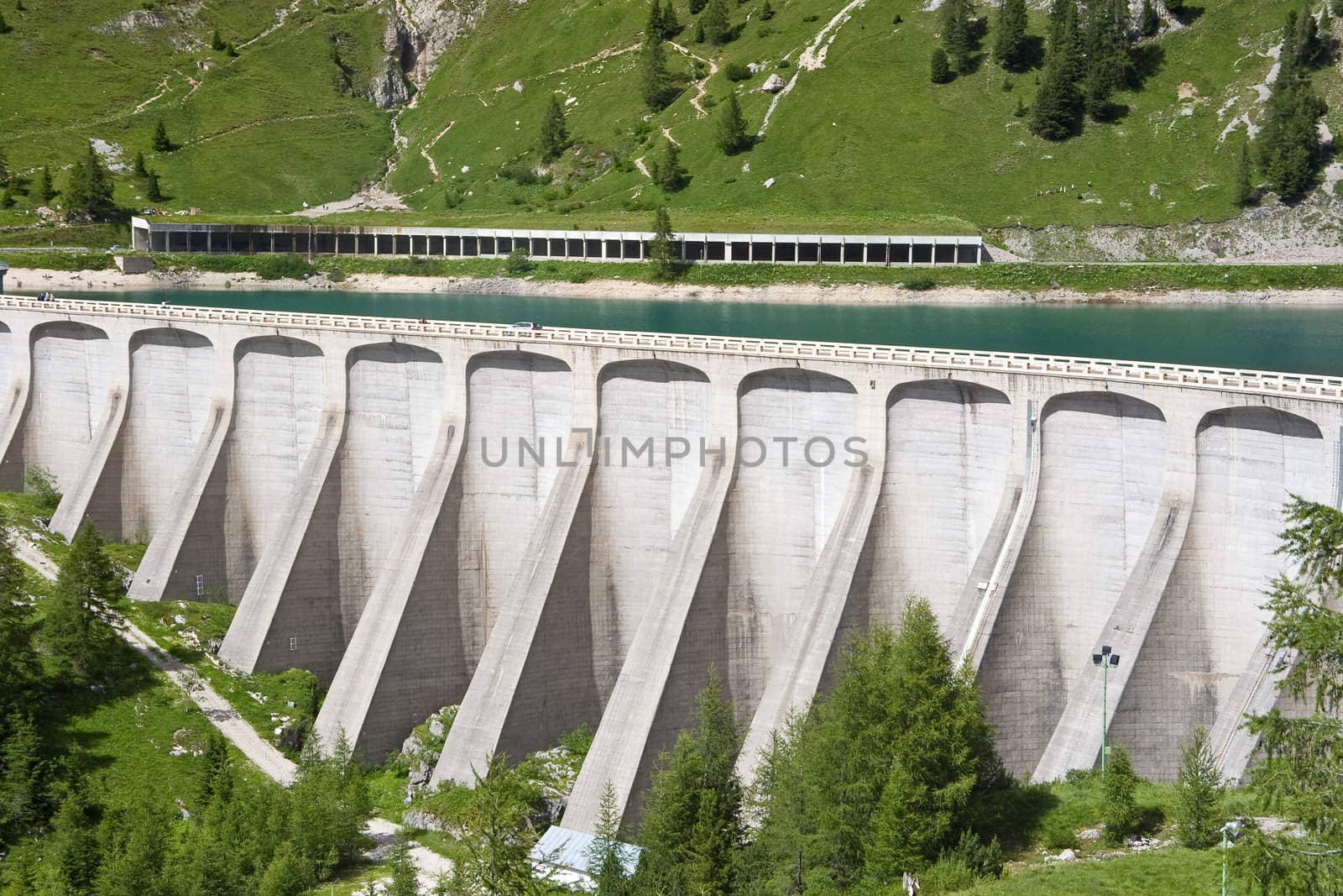 deatail of Fedaia lake dam in Trentino, Italy