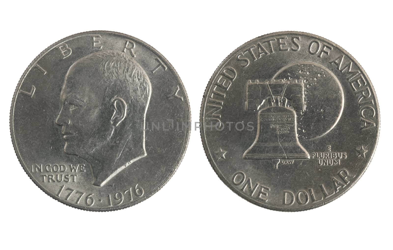 closeup of one silver dollar coin isolated on white background