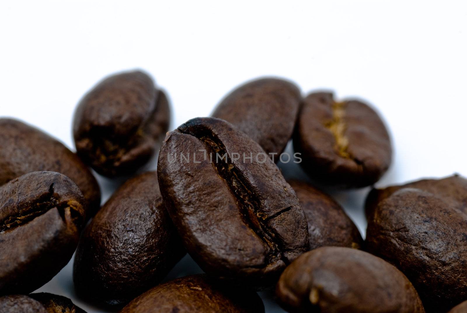 Closeup of roasted coffee beans on whitw surface