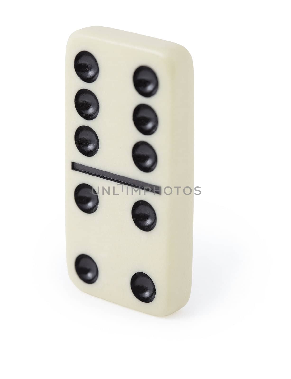 One dominoes standing on white background close up