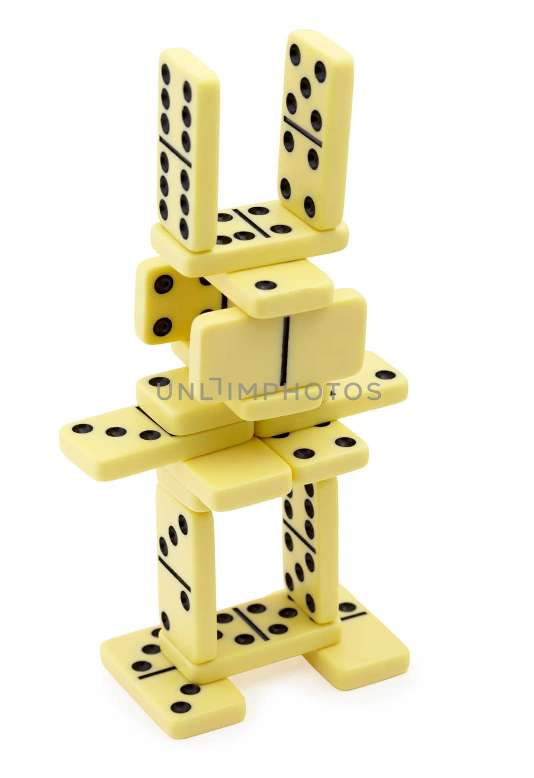 Bizarre construction of dominoes on a white background