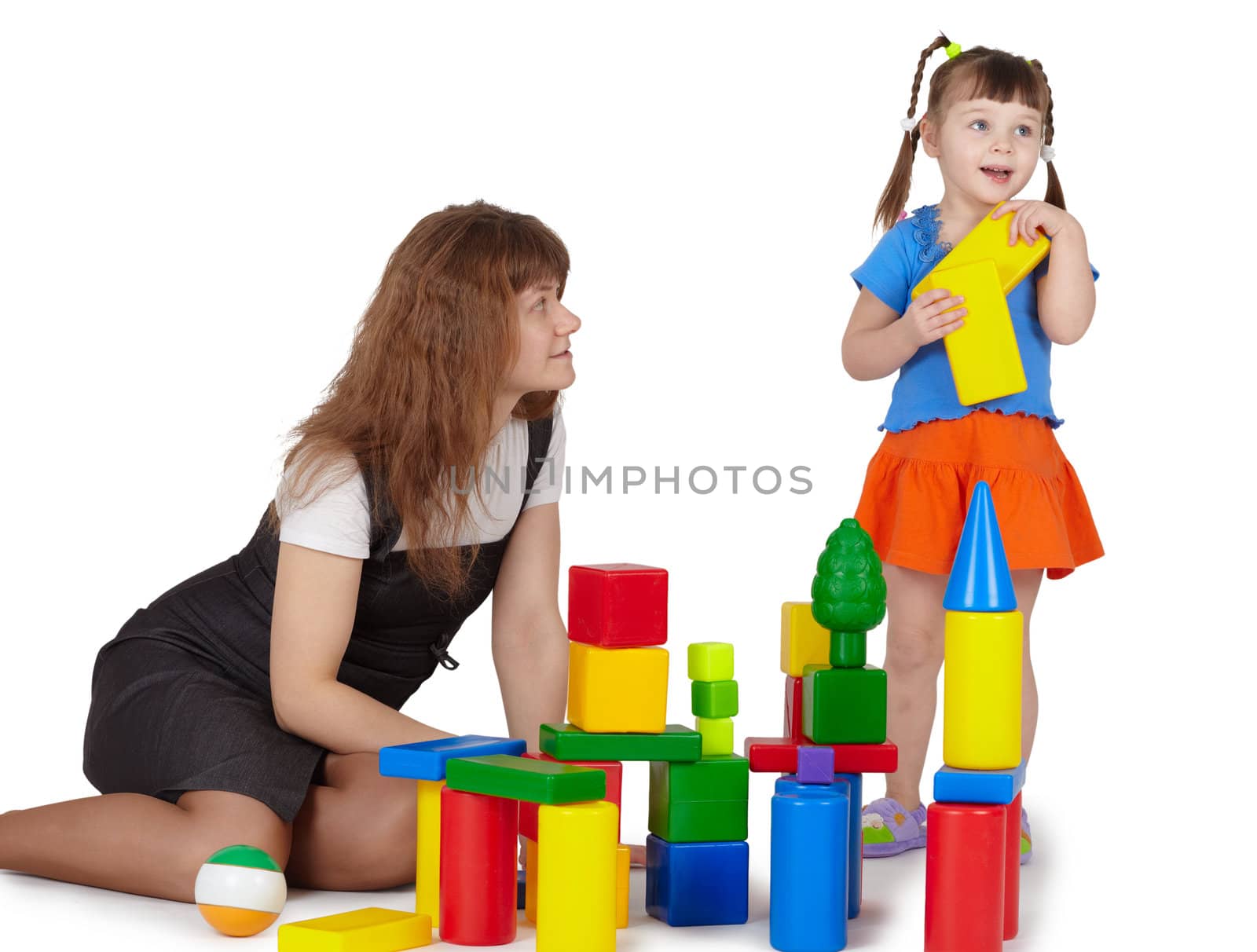 Mom plays with daughter isolated on a white background