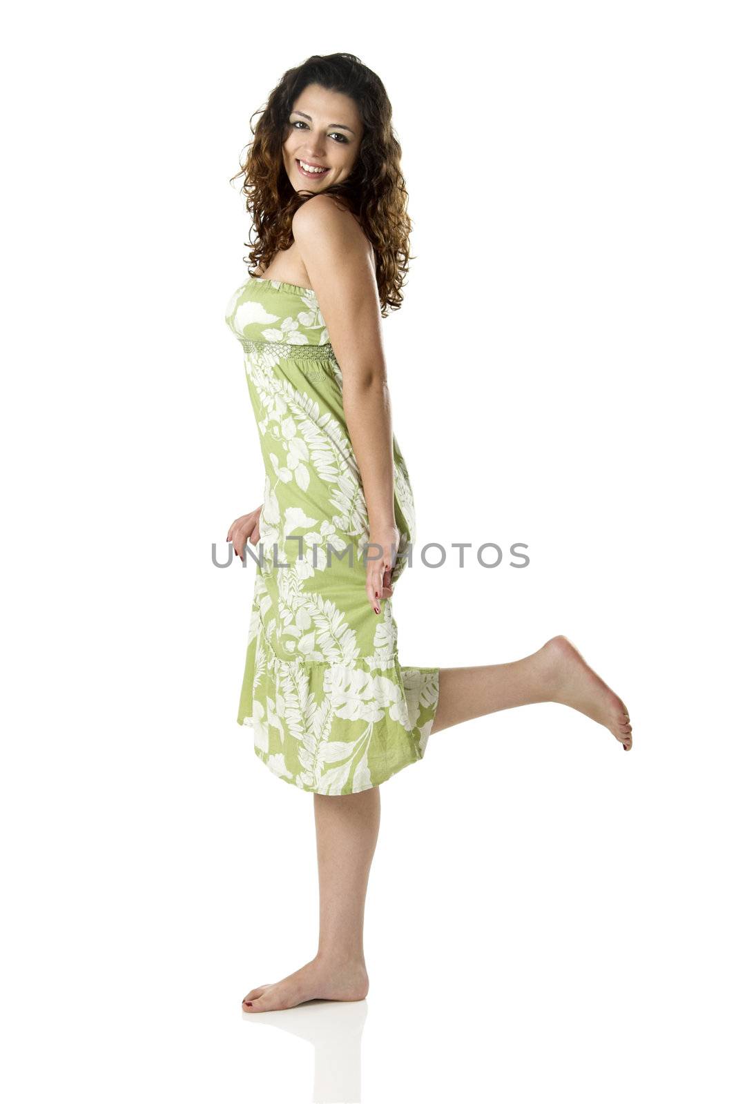 Portrait of a beautiful young woman posing on a white background