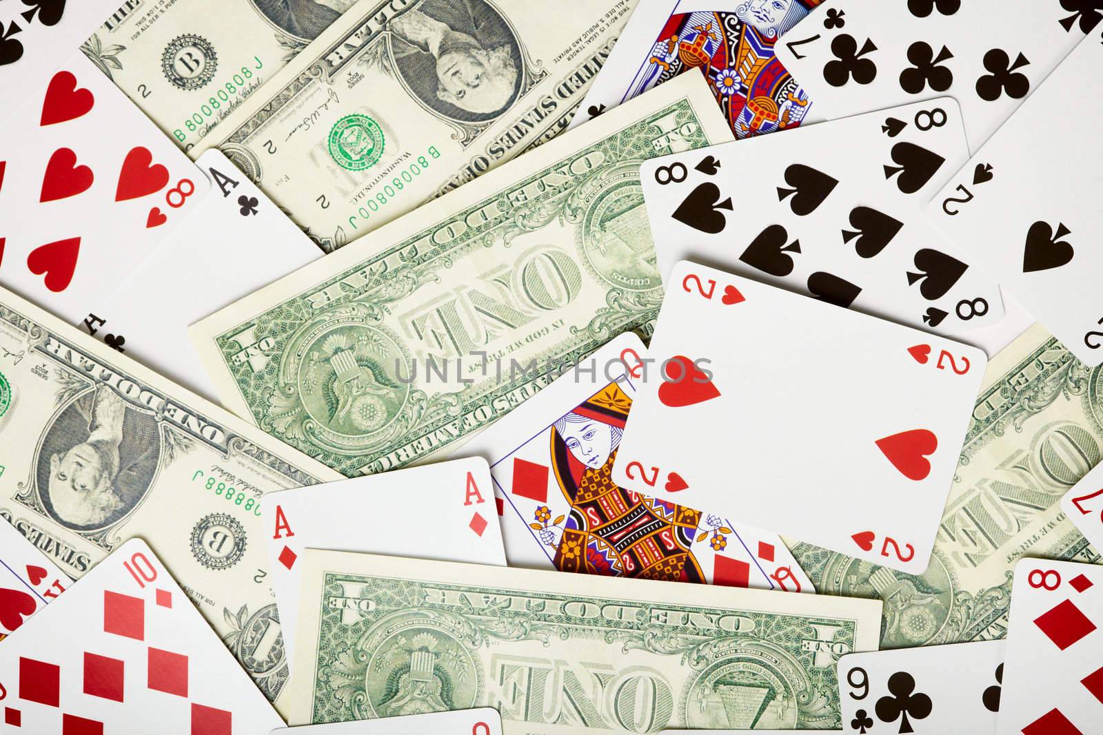 Background of money and playing cards about gambling