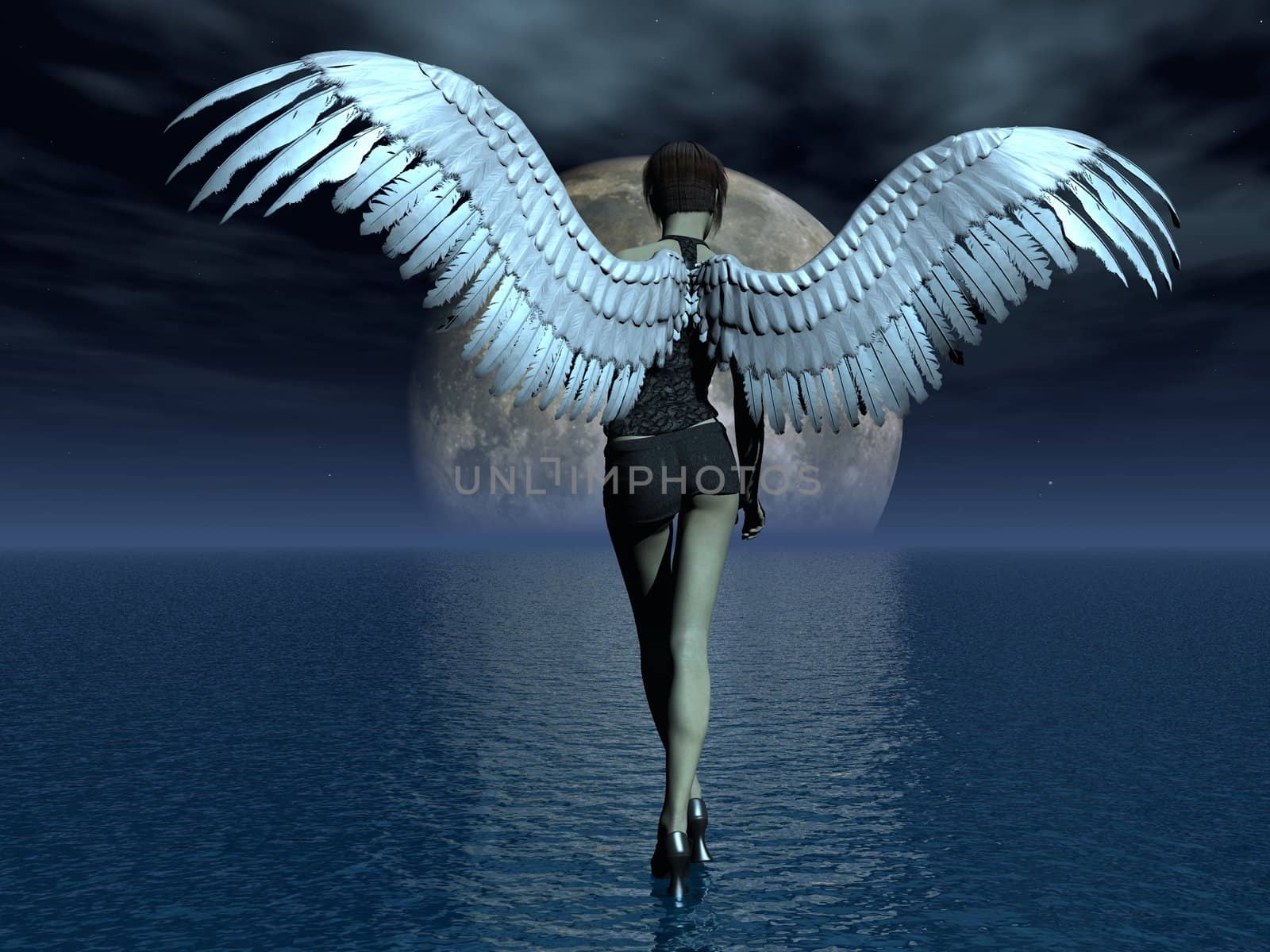 The girl angel, going on water. illustration; 3D