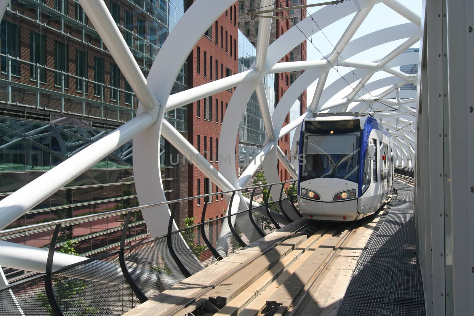 Futuristic elevated tram track of Randstad Rail in The Hague, Holland