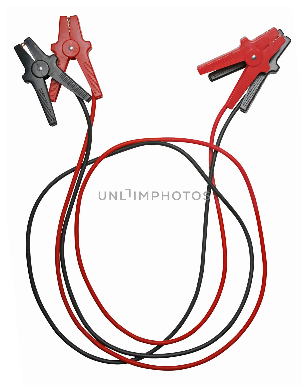 Car jumper cables with both positive and negative cable isolated on white background