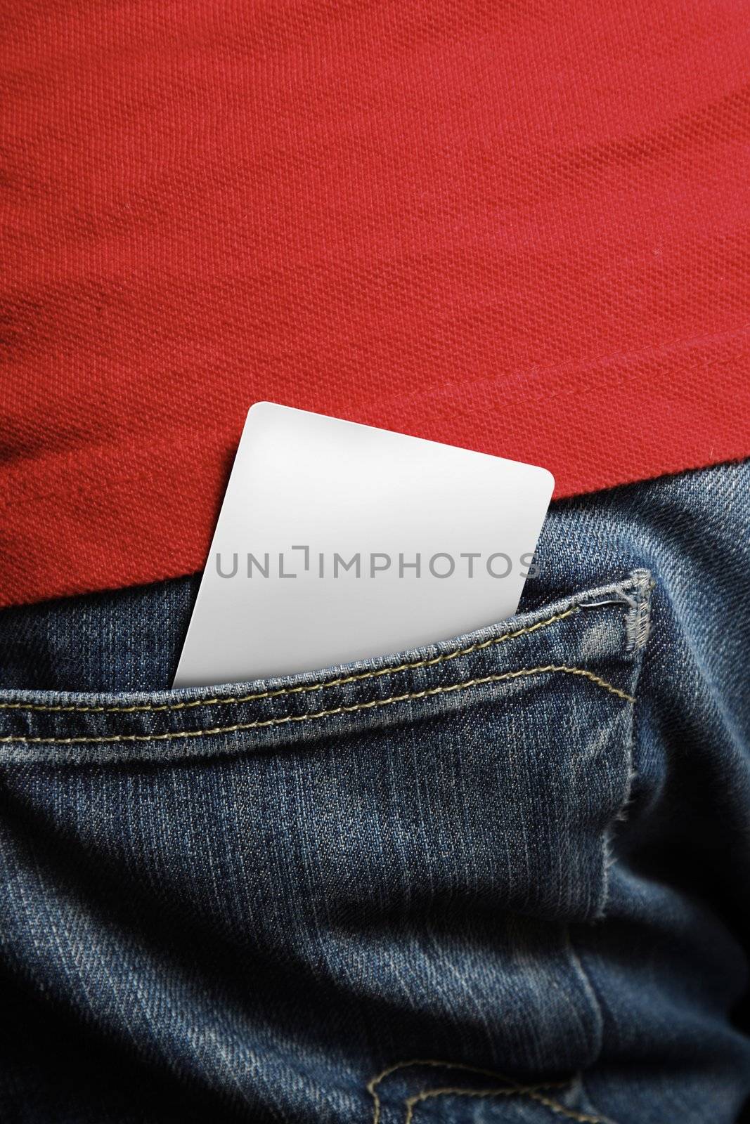 Blank card in a mans back pocket - insert your own design for any card design such as school, member, club, credit or debit cards