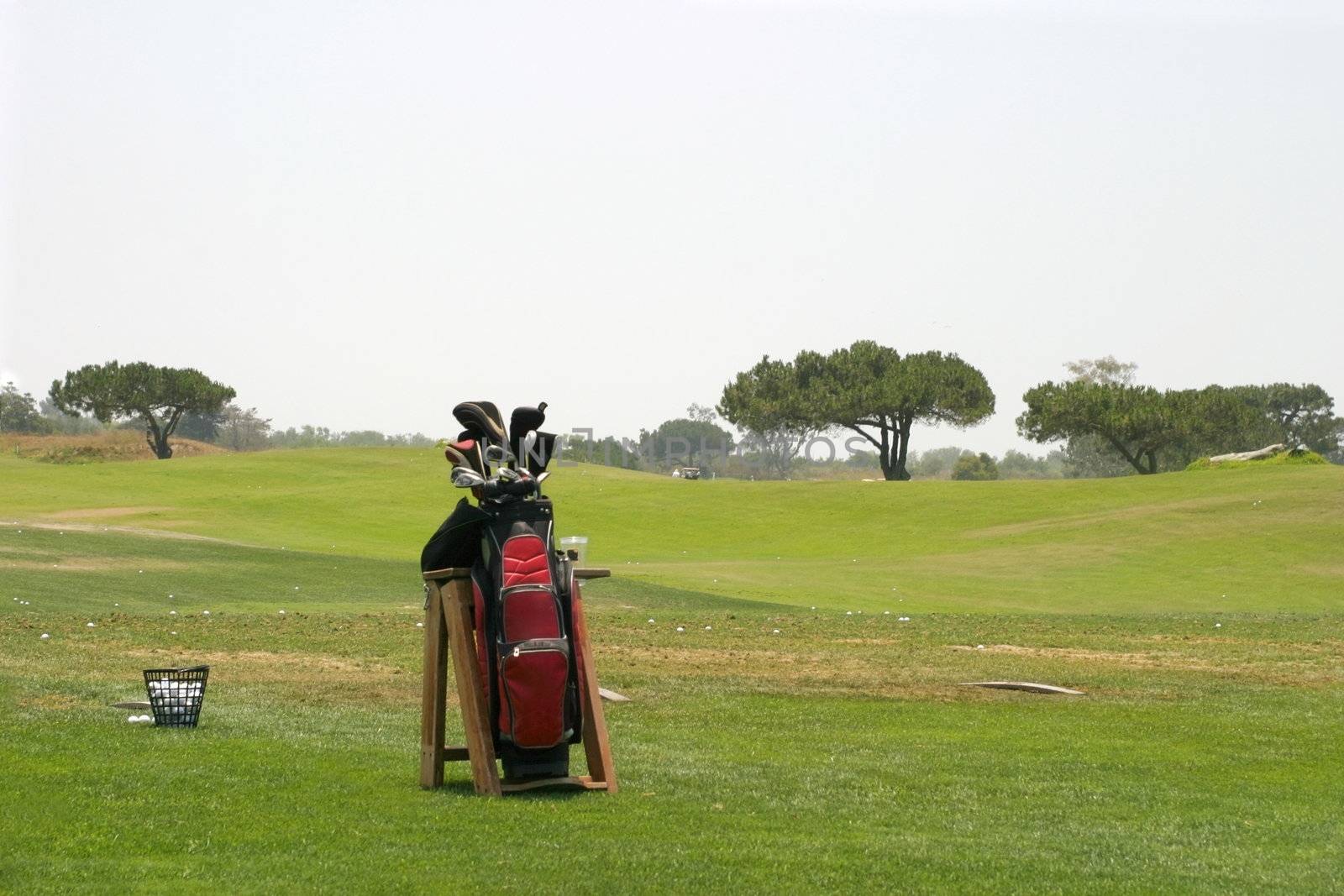 Golf Bag with a basket of golfballs and a driving range in the background.