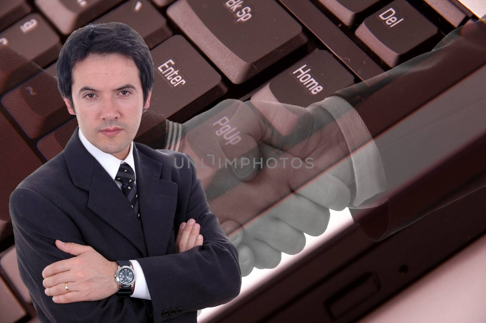 close up of keyboard computer with handshake and crossed arms bu by raalves