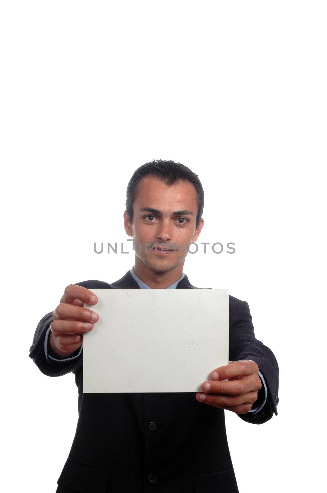young businessman with white board