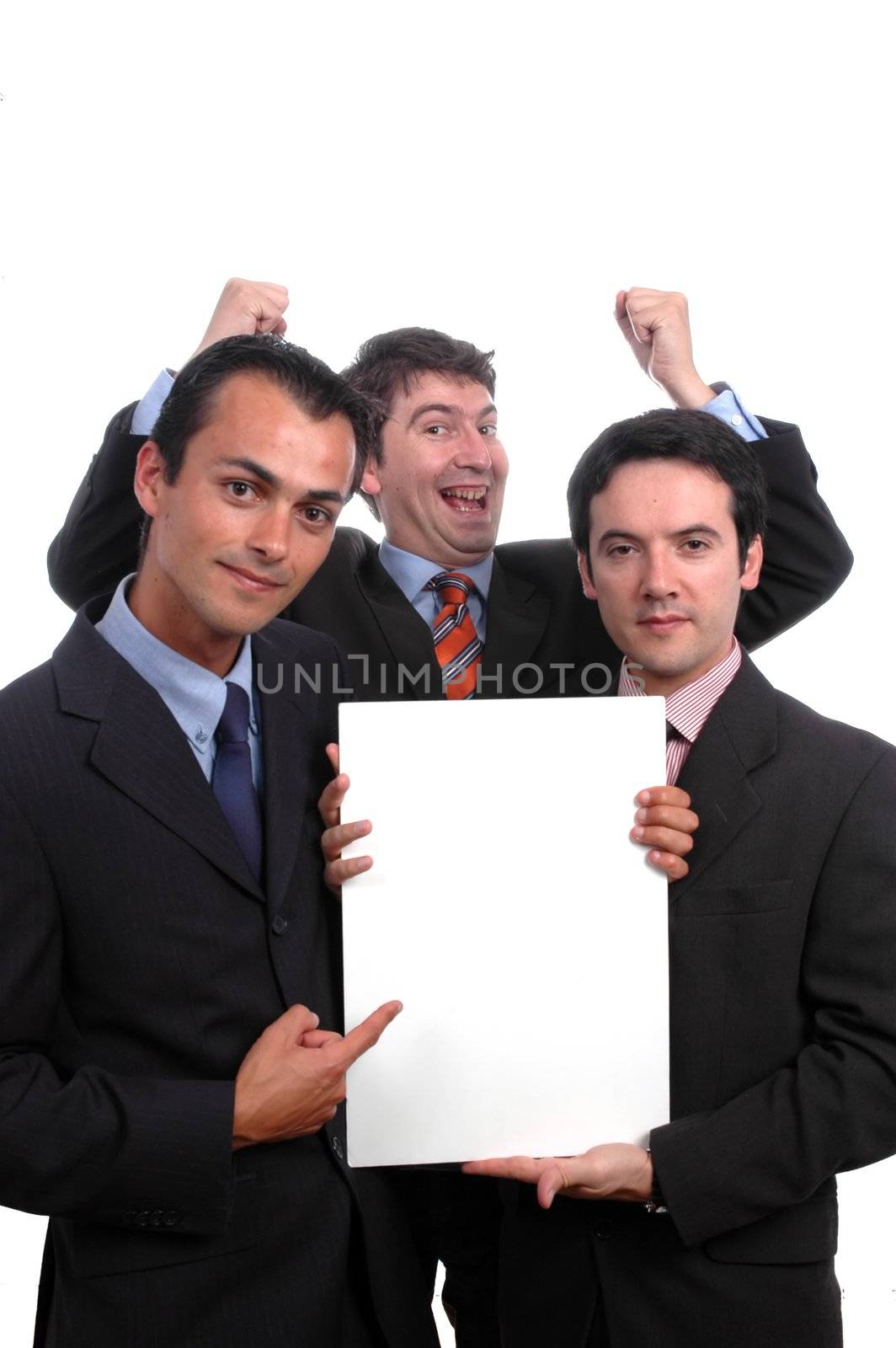 thre businessman holding white board