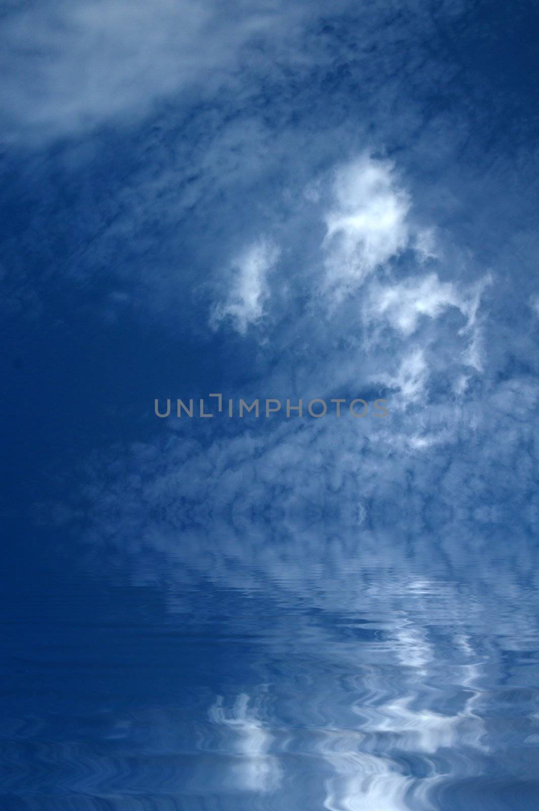 blue sky with clouds and water reflection