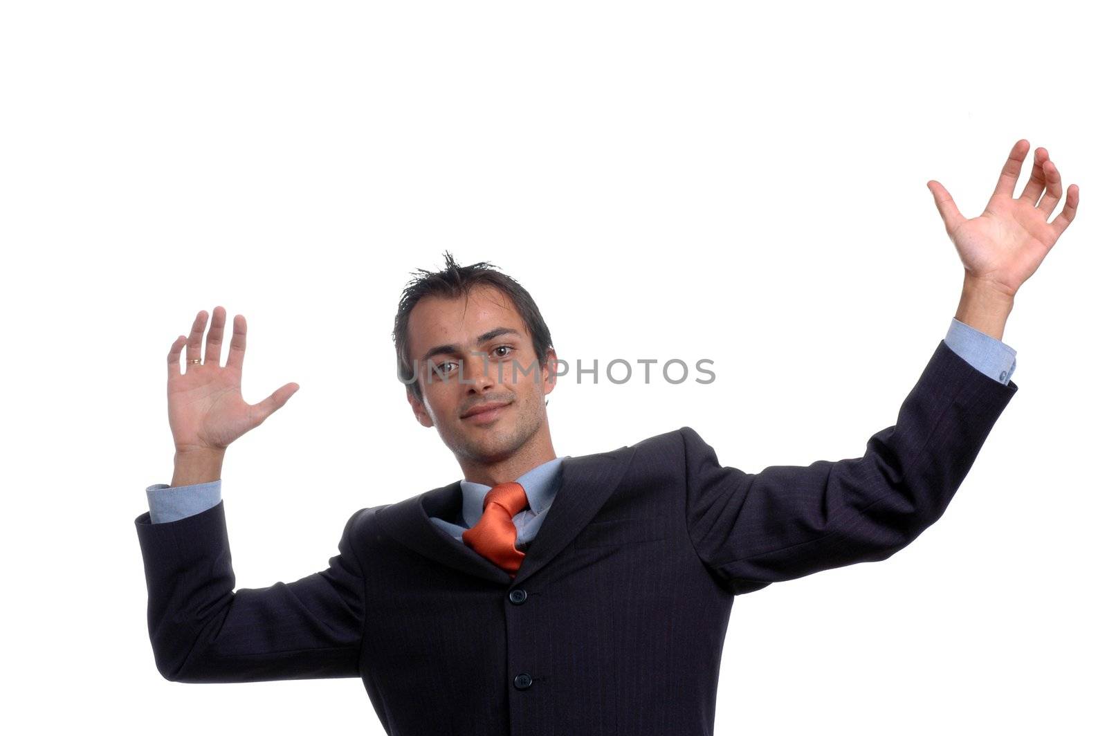 young businessman with hands open isolated on white