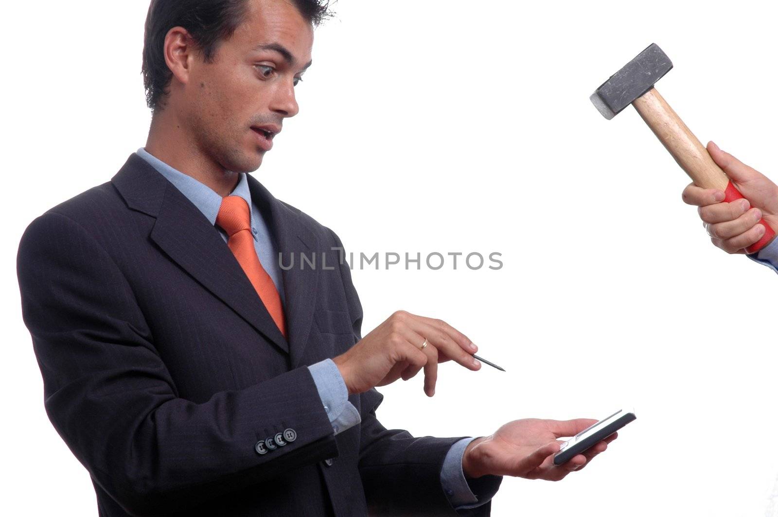 young businessman with palmtop and hand destroy with hammer by raalves
