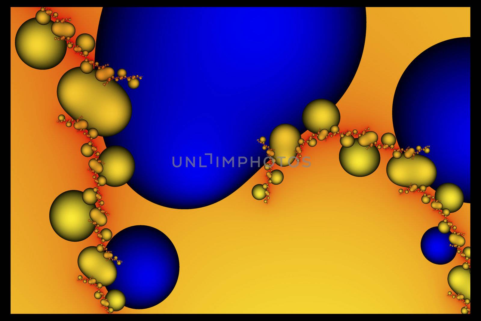 Large blue bubble shapes connected by aseries of smaller yellow bubbles along a red line.  All set against a yellow background