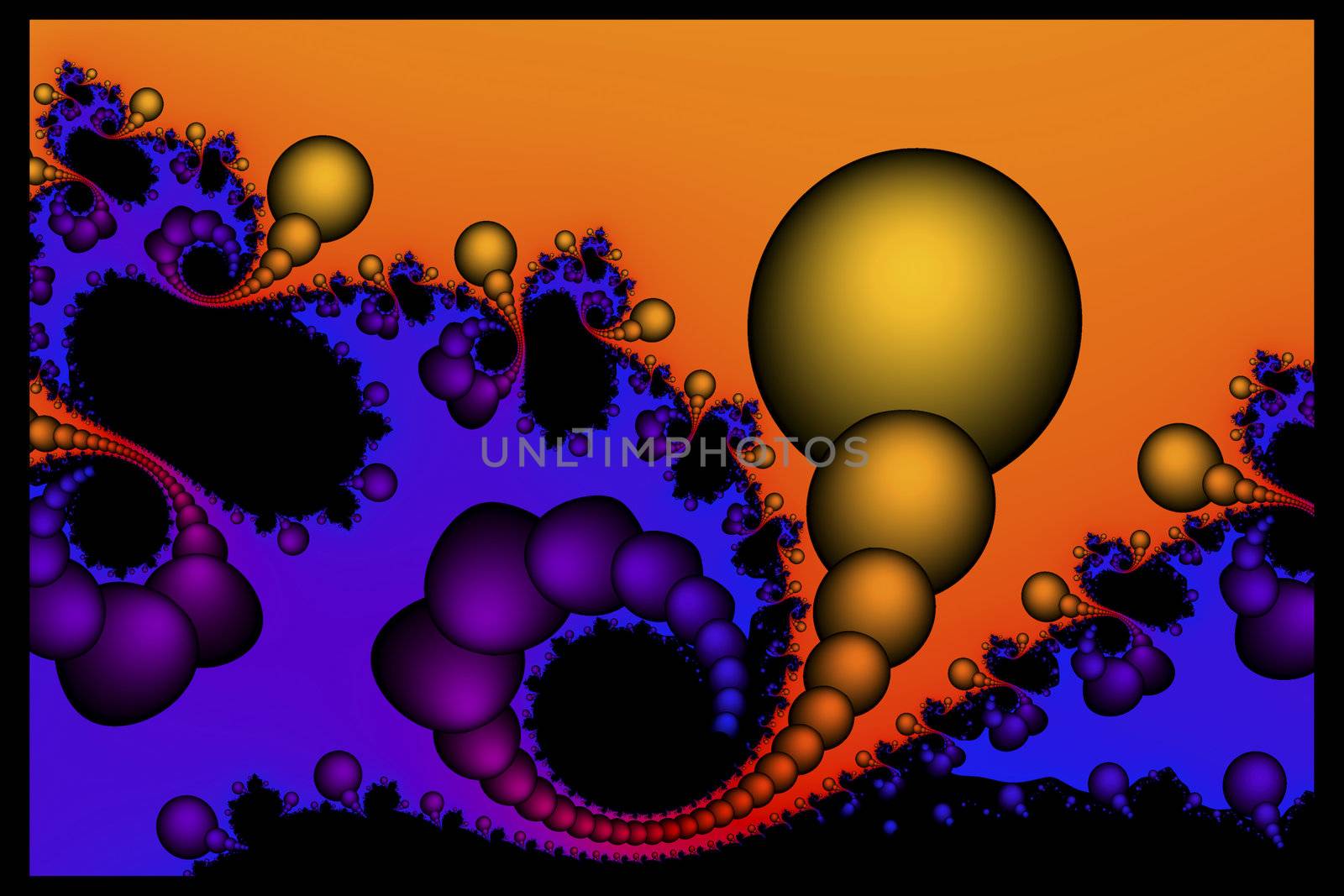 Stacked yellow spheres break the barrier between orange and blue color fields