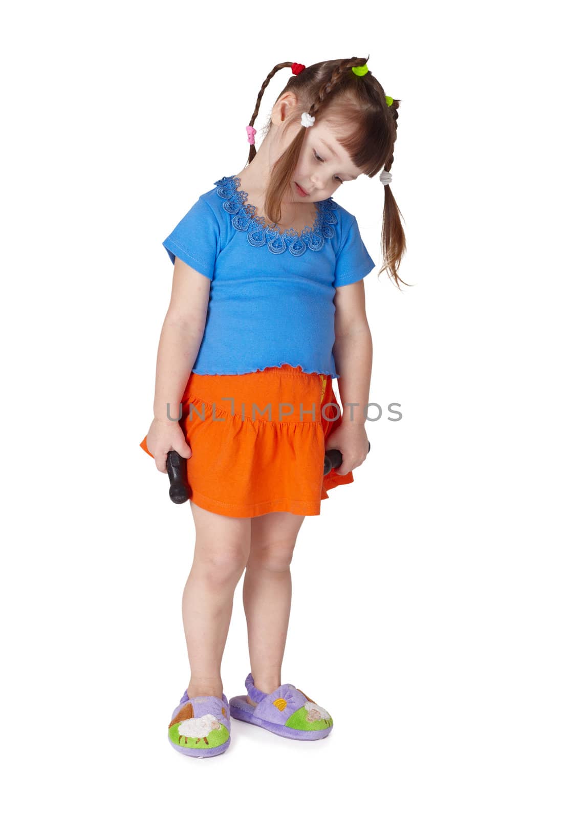 Child tired doing sport exercises with dumbbells by pzaxe