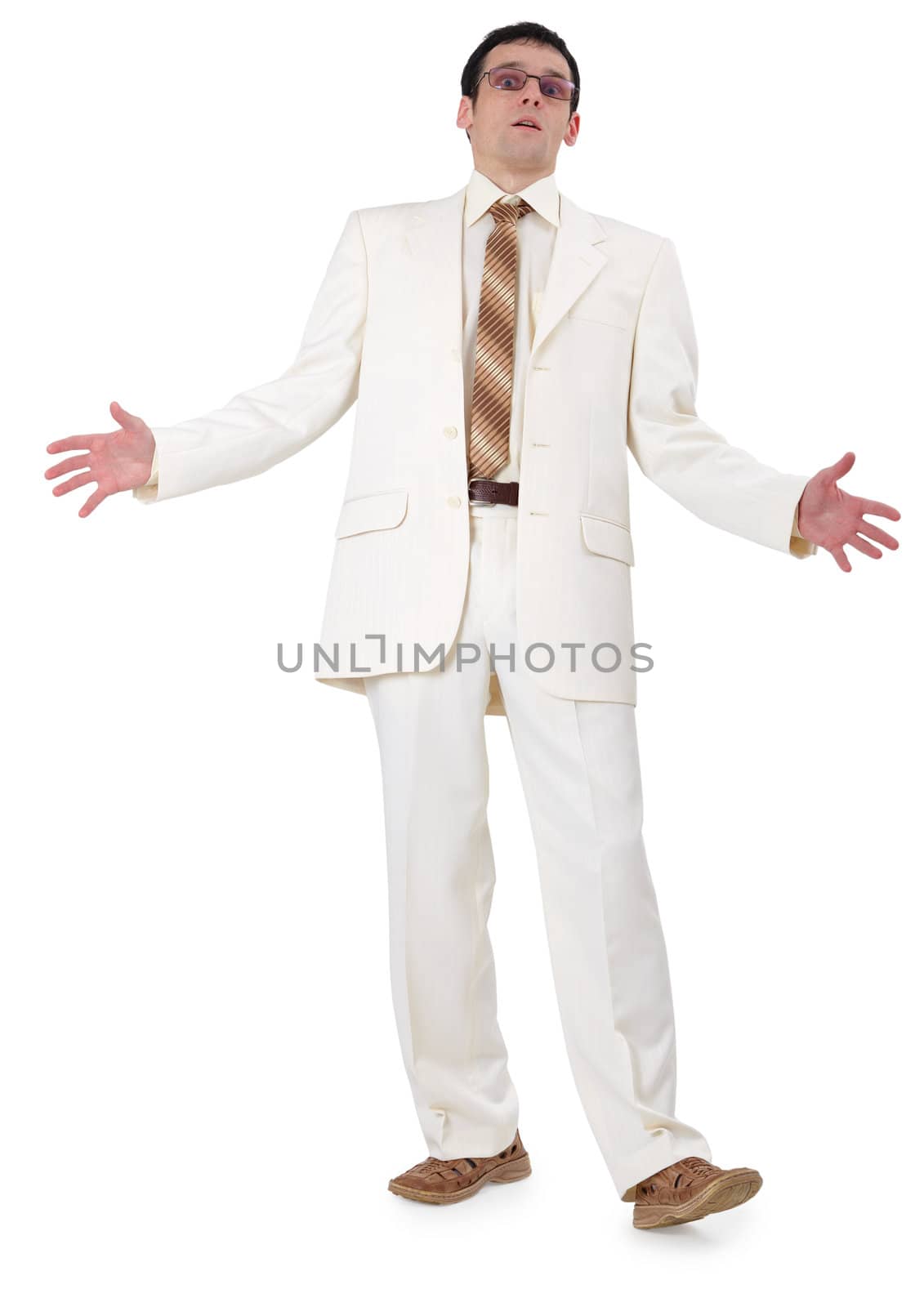 A very surprised man in a suit, isolated on a white background