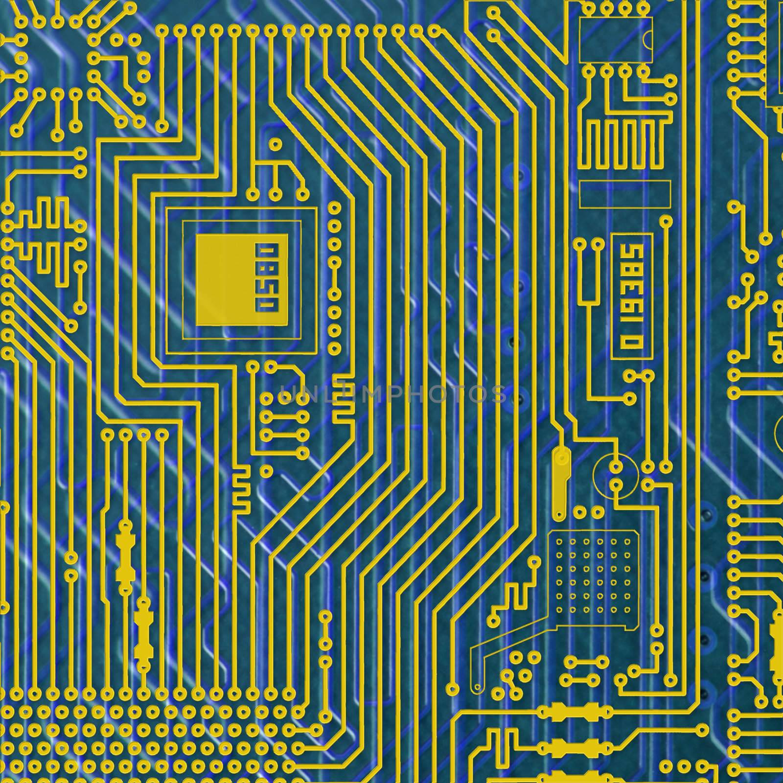 Circuit board electronic golden - blue background by pzaxe