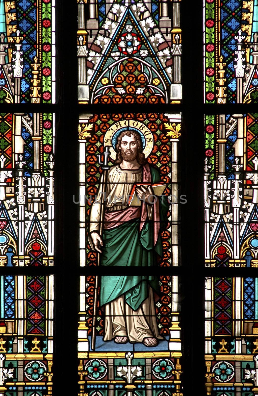 Detail of the color window - bullseye pane - lattice window. Public national monument - cathedral of St Vitus, Prague, Czech republic, Europe.