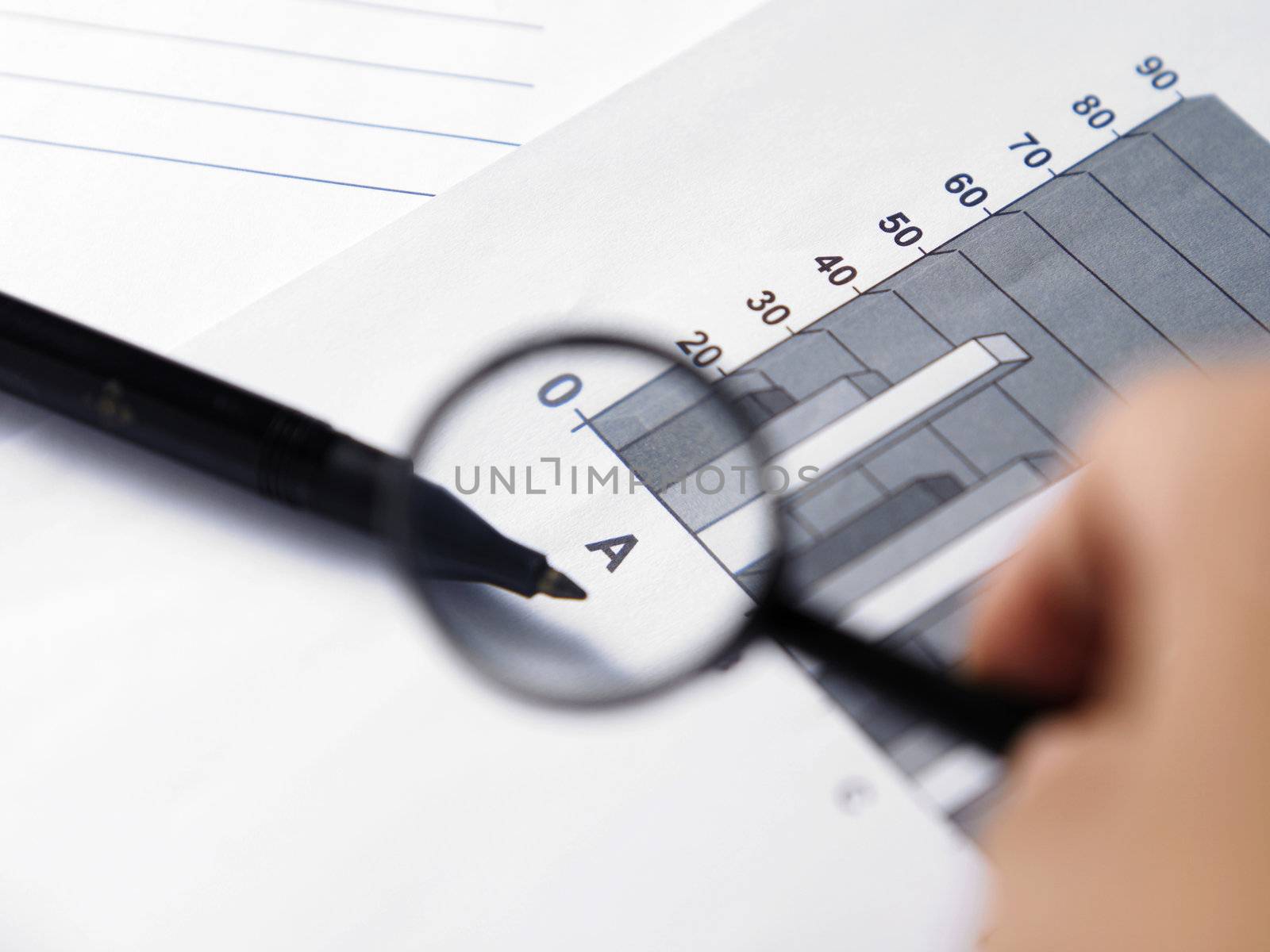 Fountain pen and magnifier glasses on stock chart.