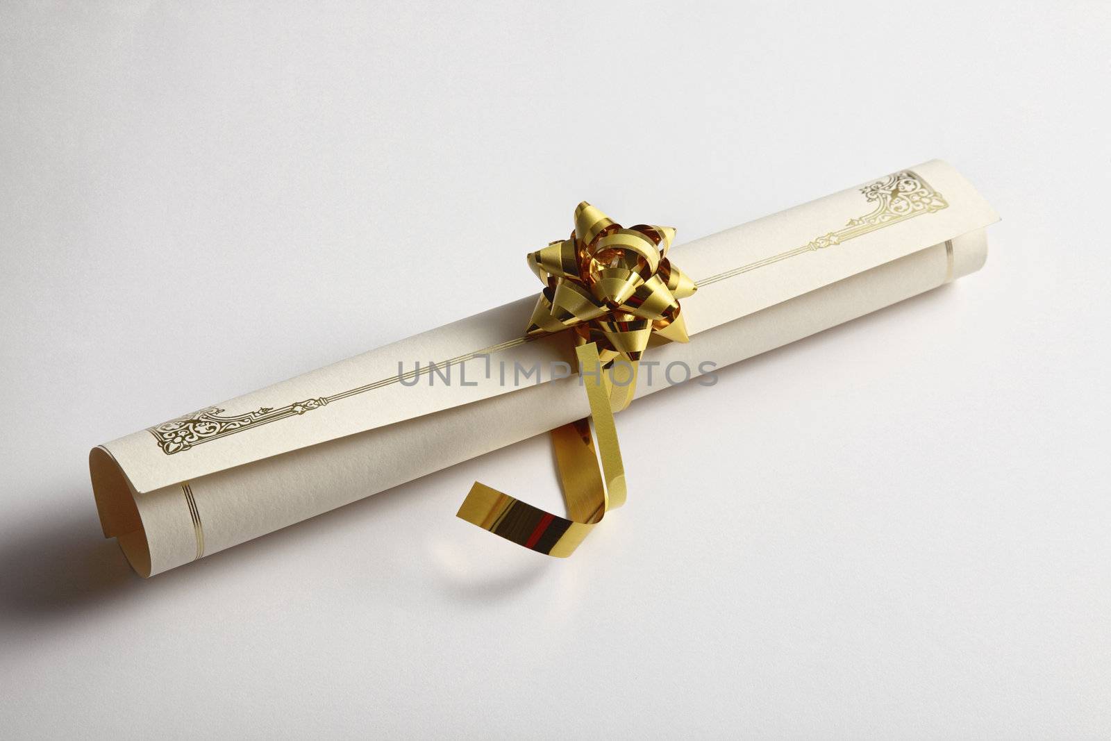 rolled up diploma with ribbon on the plain background