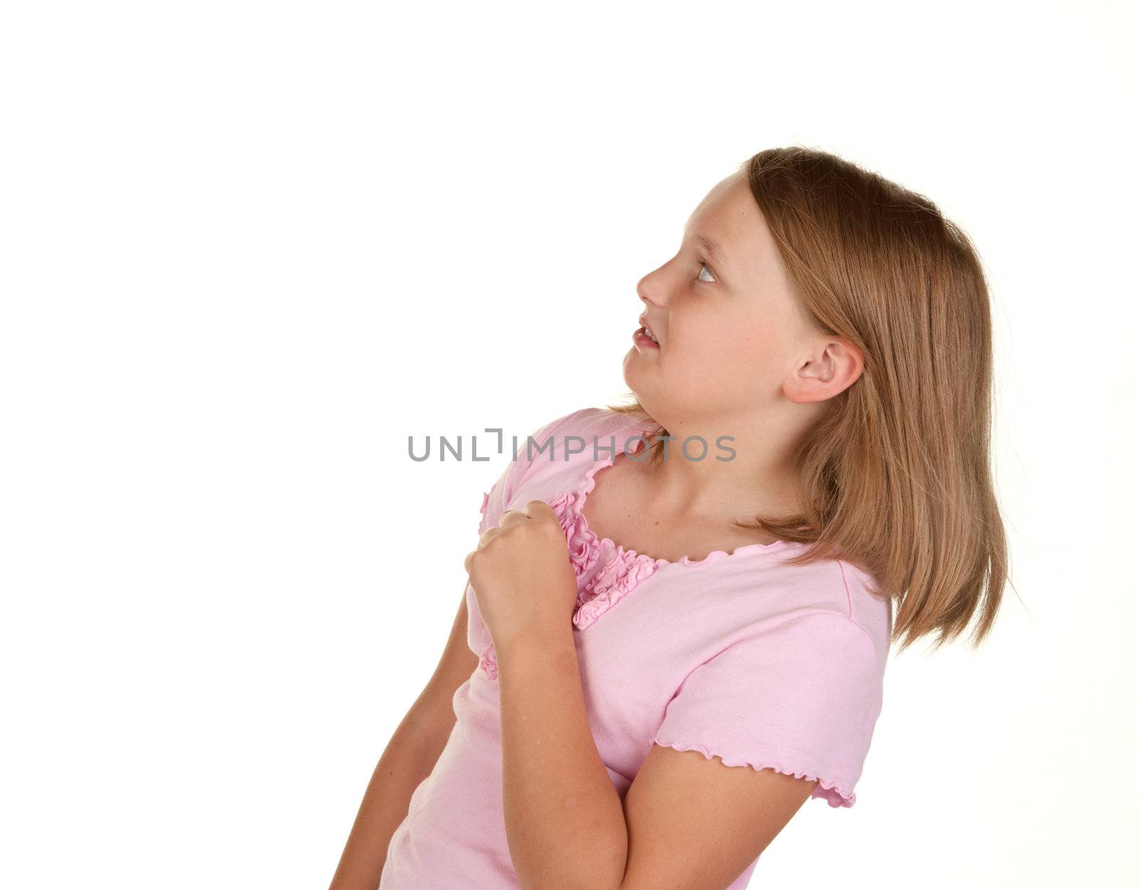 young girl looking unsure about copy space  isolated on white