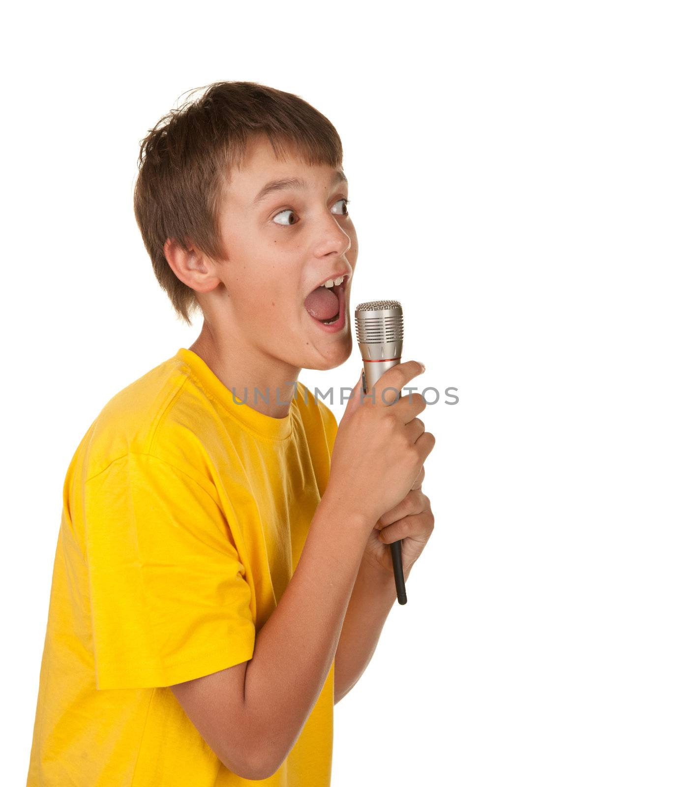 boy singing karaoke isolated on white background