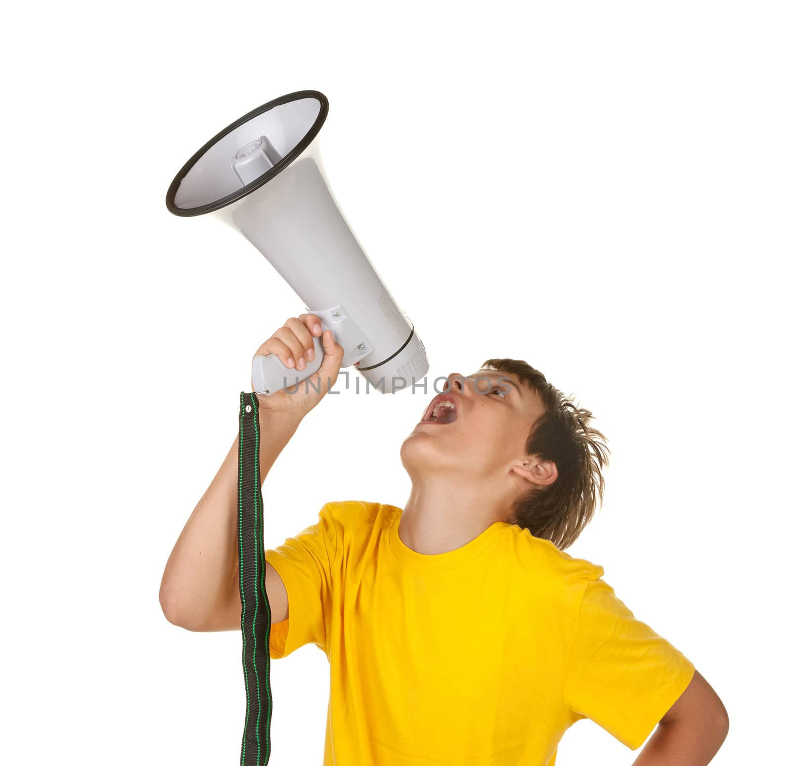 boy with megaphone isolated on white