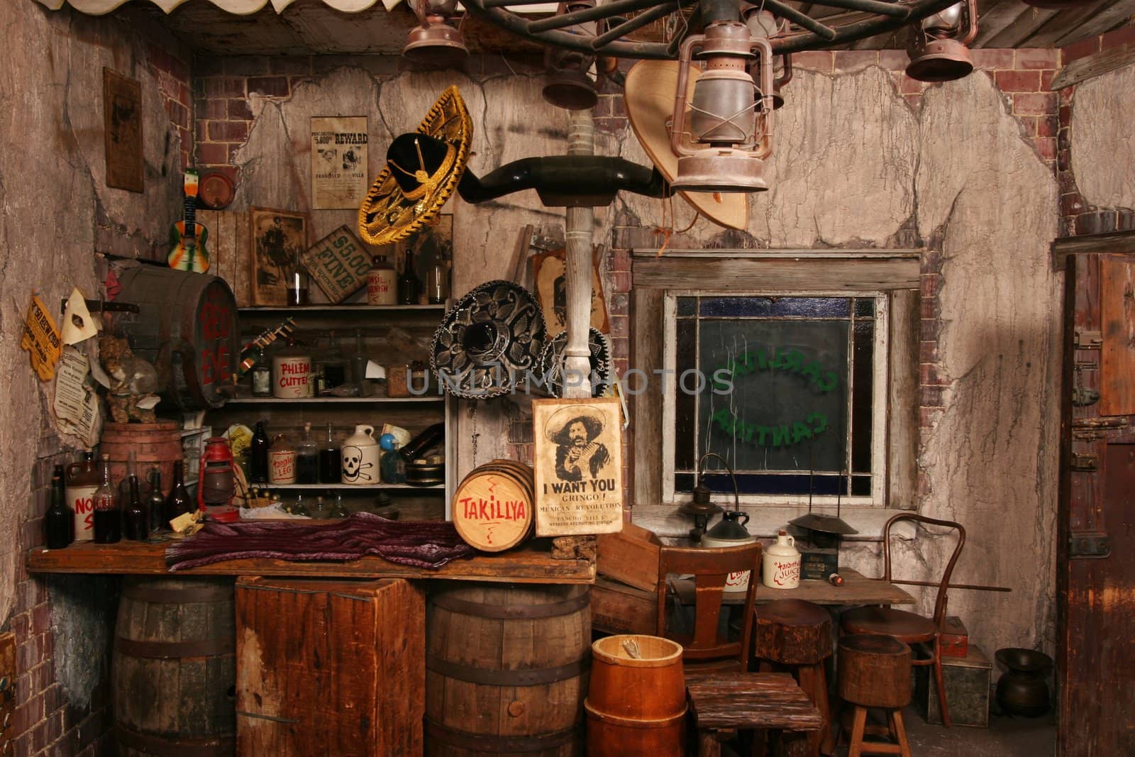 Inside of a replica of a wild west saloon