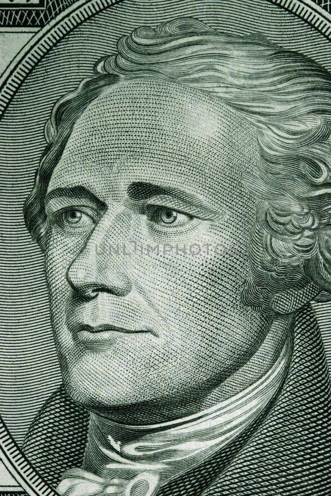 Macro of a ten dollar US bill with Hamilton