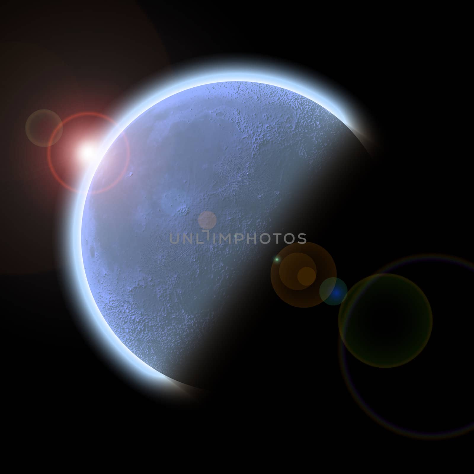 Planet with Rising Sun on black background