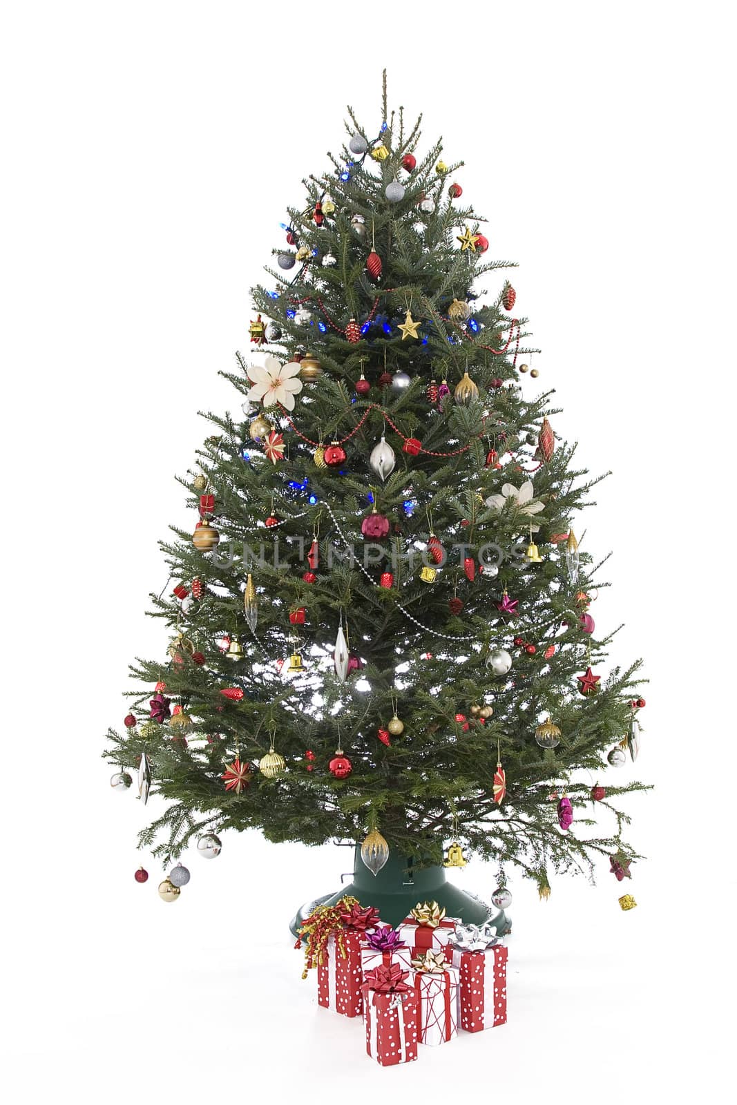 christmas tree with present in a red, gold and silver color palette