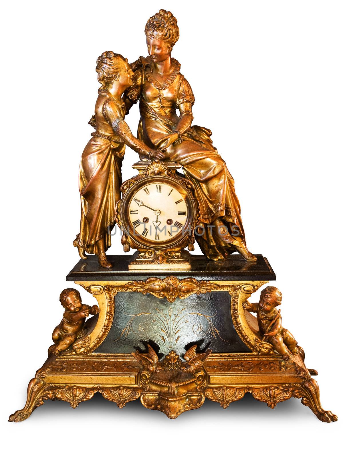 Antique clock with figurines of cupids and women isolated on white background. Clipping path included to easy remove object shadow or replace background.