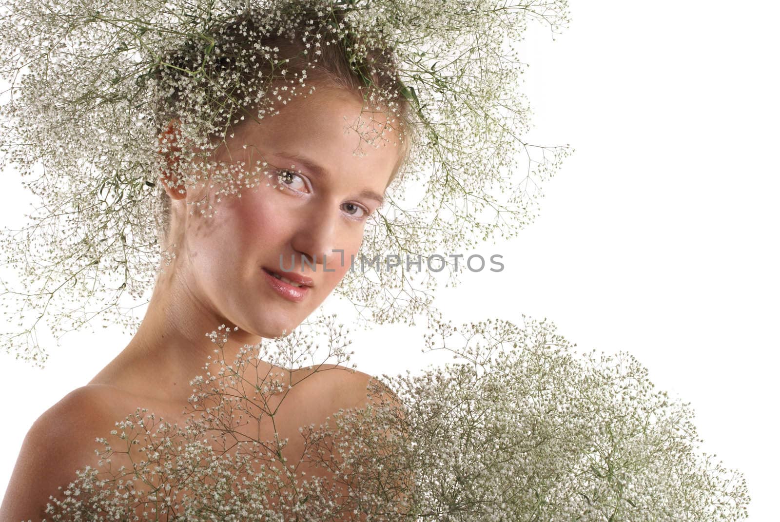 nice young girl with wreath on her headisolated over white. Copy-paste place 