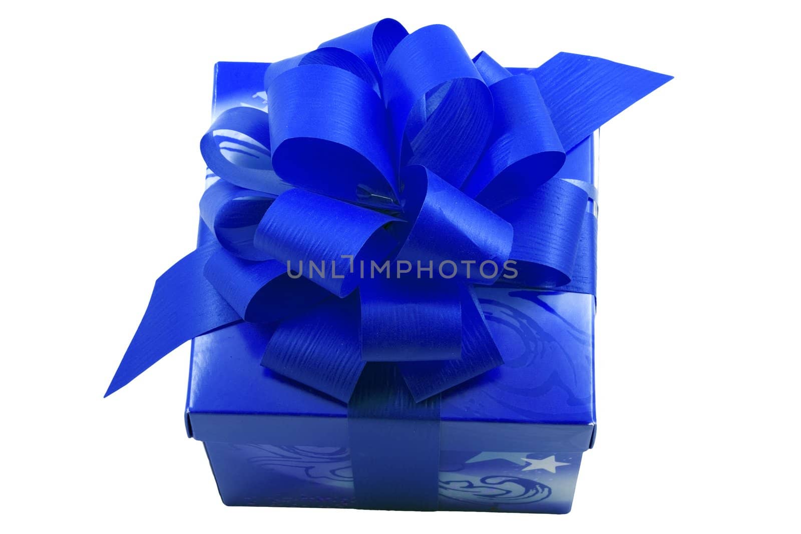 a blue present with a blue ribbon isolated on the white background