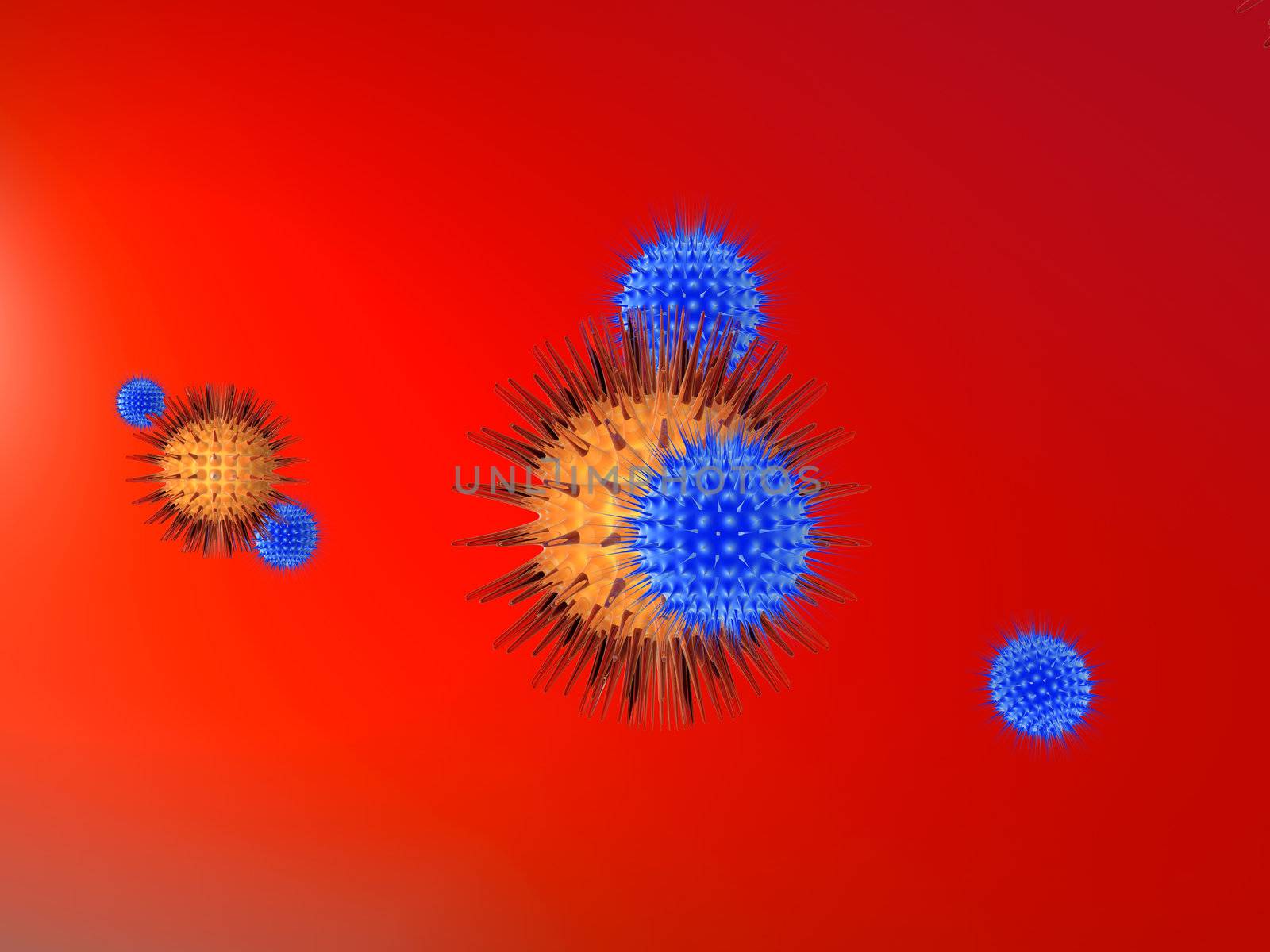 High resolution 3D render. Viruses versus Immune System.