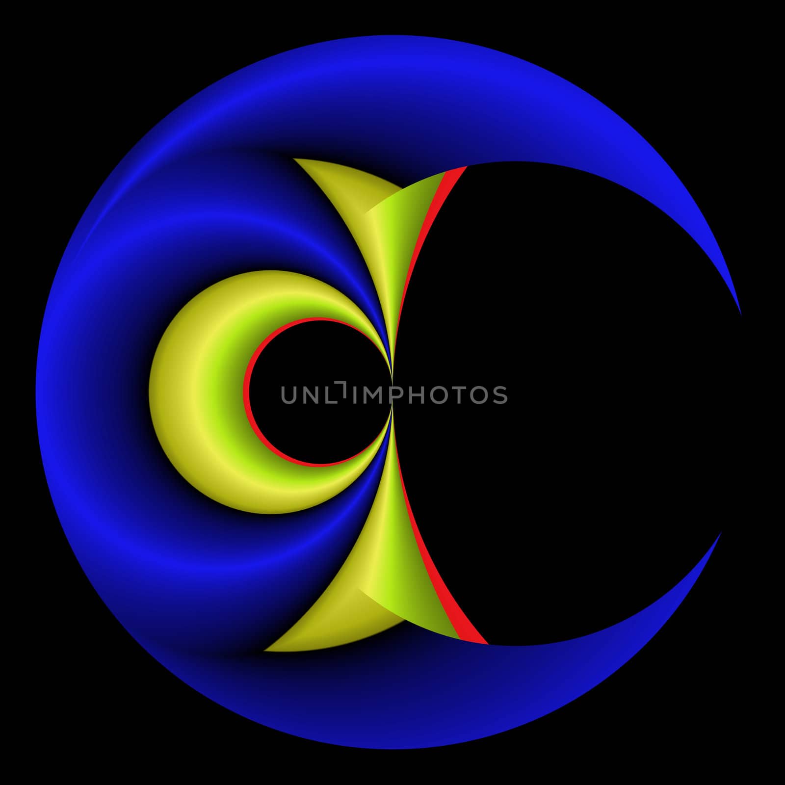 An abstract fractal with a blue circle that has a green and orange central motif.