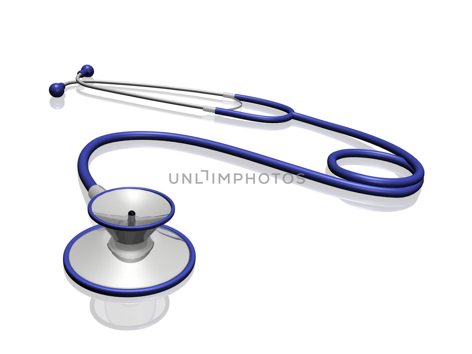 A blue and silver stethoscope modelled in a 3D program.