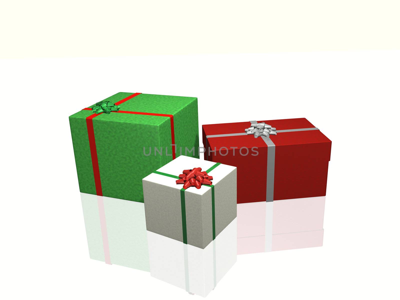 Three christmas gifts on a white background.