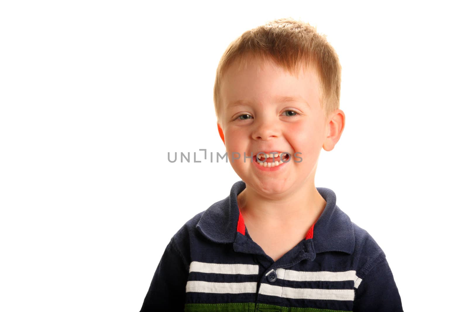 Cute smiling boy with blonde hair and green eyes, isolated on white