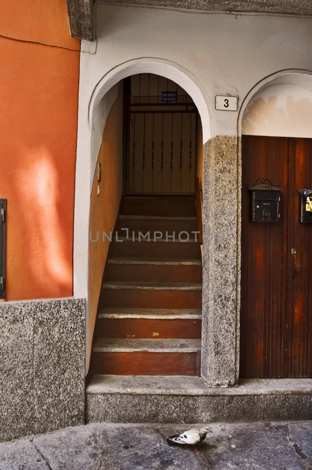 Italian house entrance with staircase, arch and pigeon