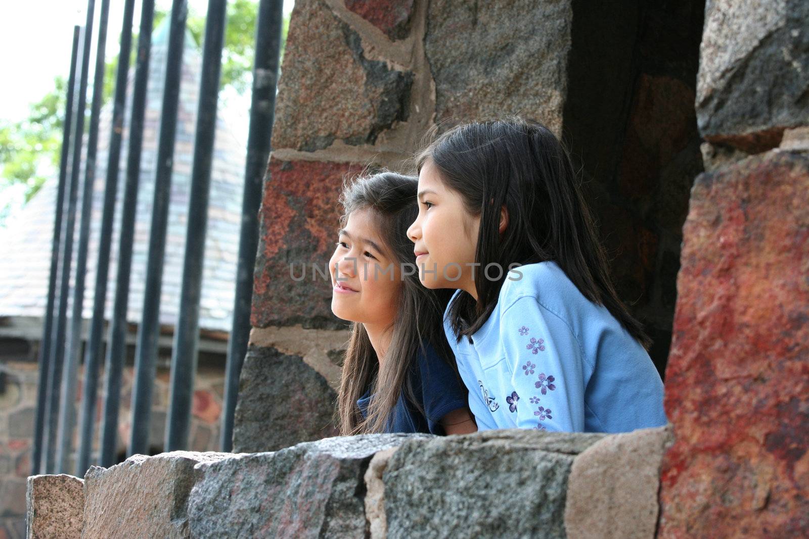 Two little girls looking out over stone wall