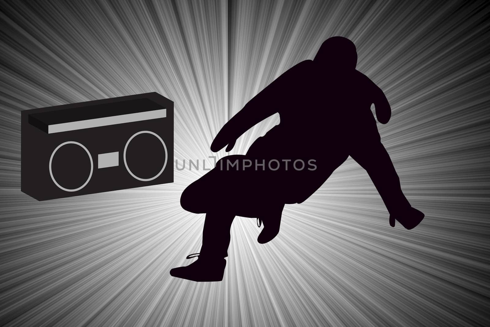 Breakdancer Dancing with Old School Boom Box Silhouette illustration.  