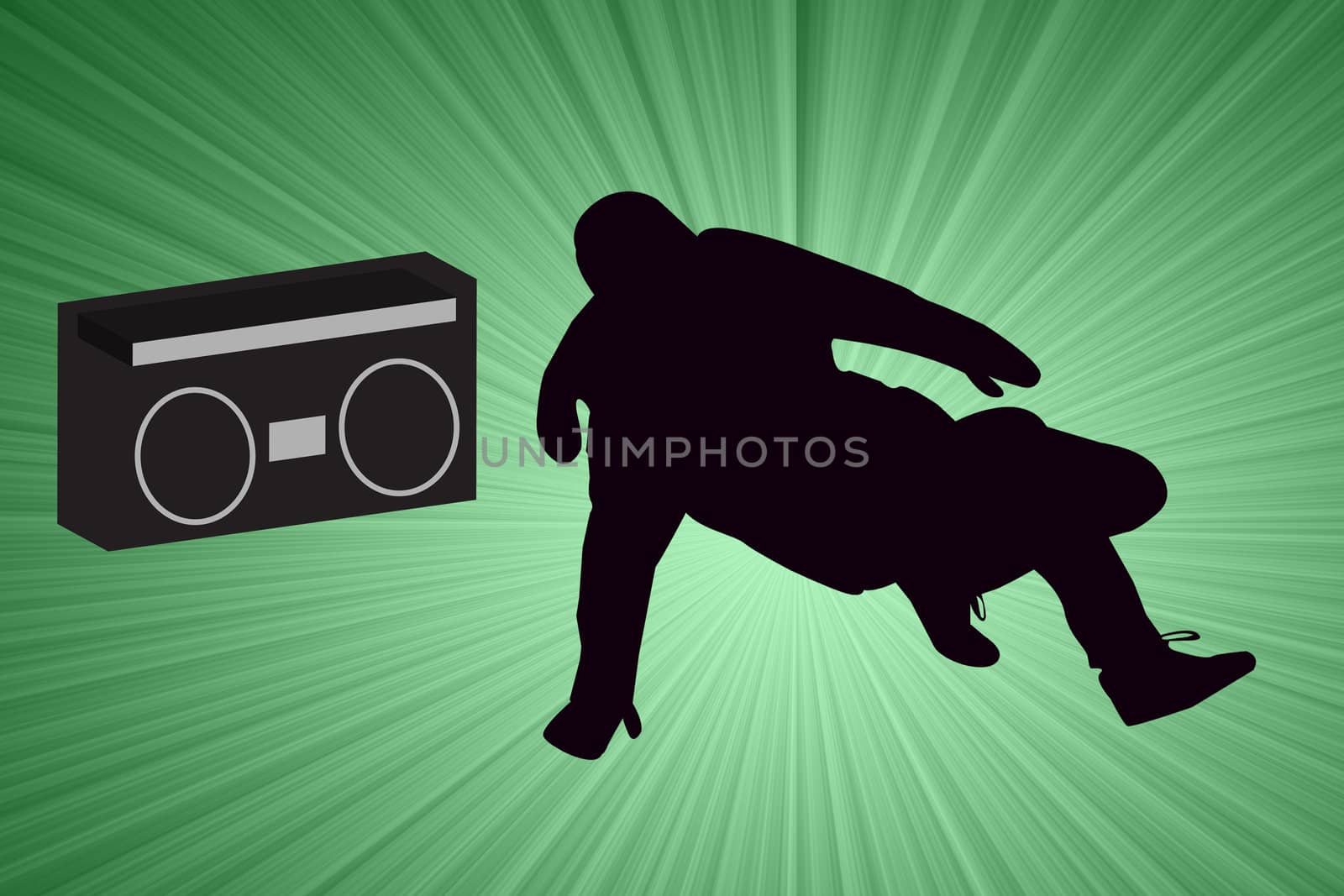 Breakdancer Dancing with Old School Boom Box Silhouette illustration.  