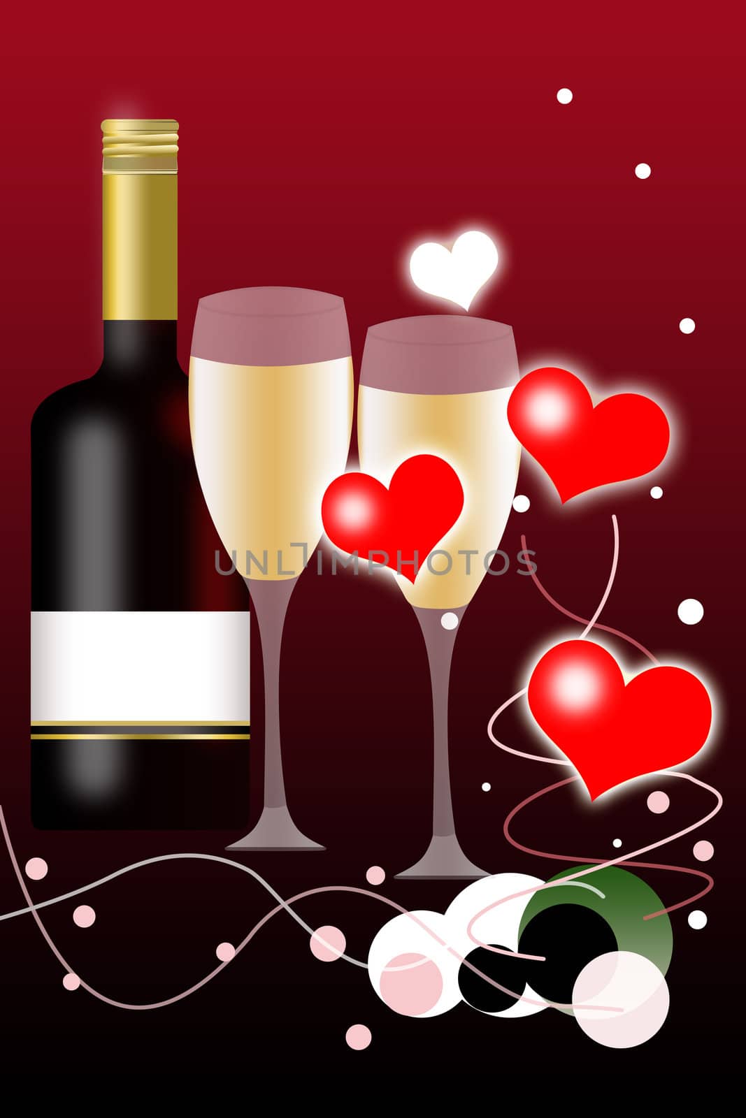 Valentines Day Background and Wine Bottle with Blank Label and two Glasses
