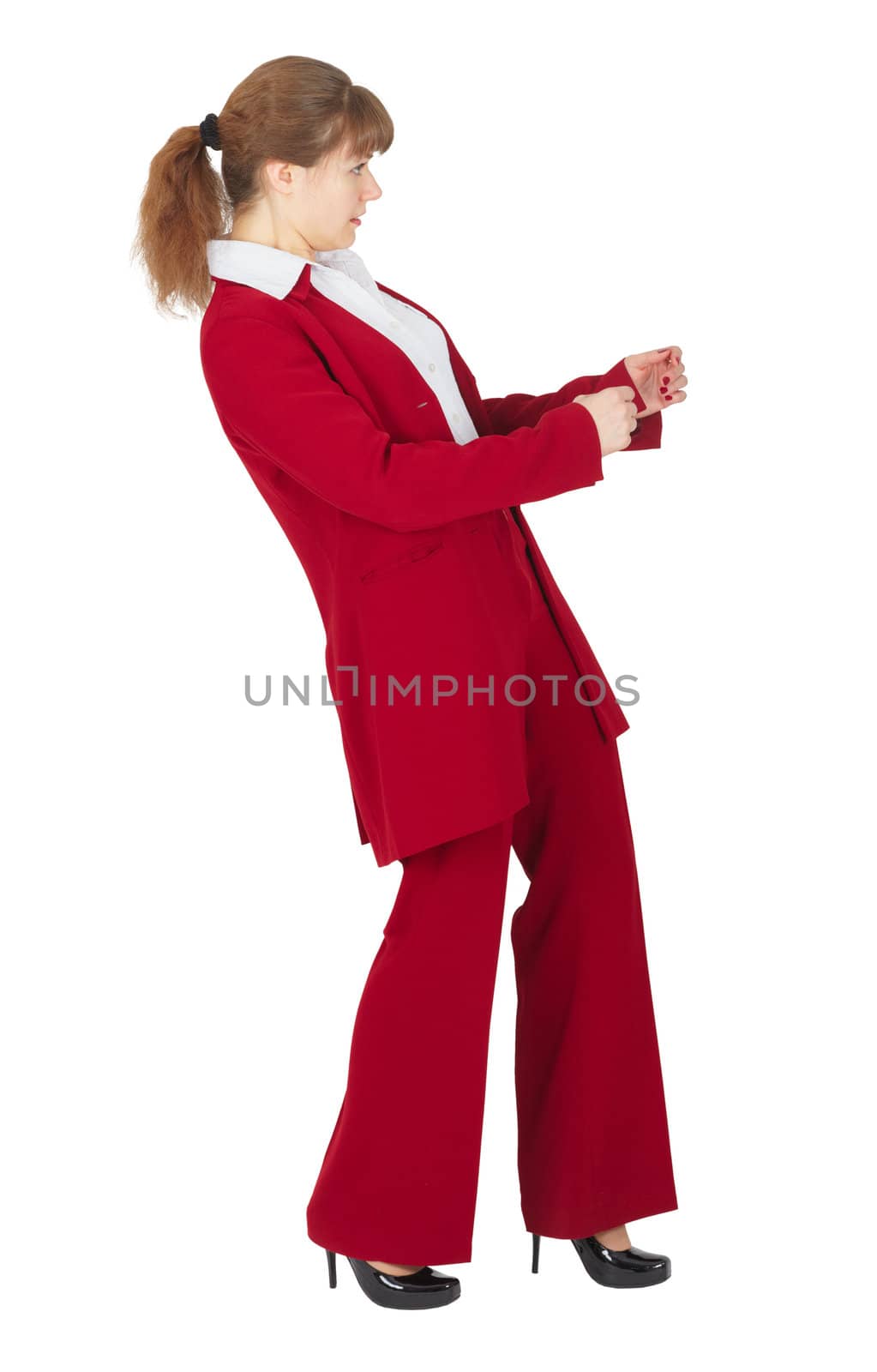 Young girl leaned as if in shock, isolated on a white background